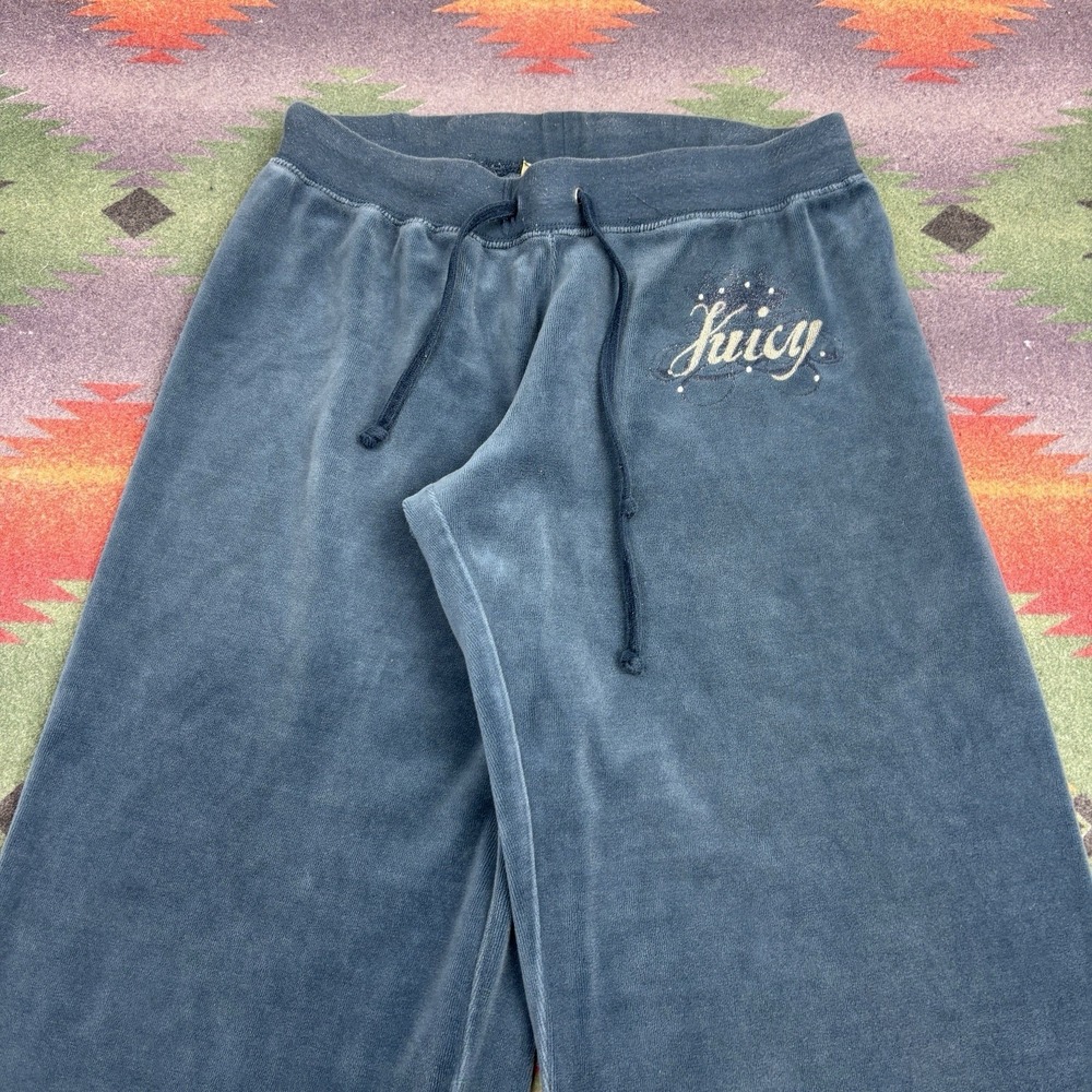 Vintage Y2K Juicy Couture Track Pants Size Medium Blue Low Rise Wide Leg Velour - Picture 4 of 11